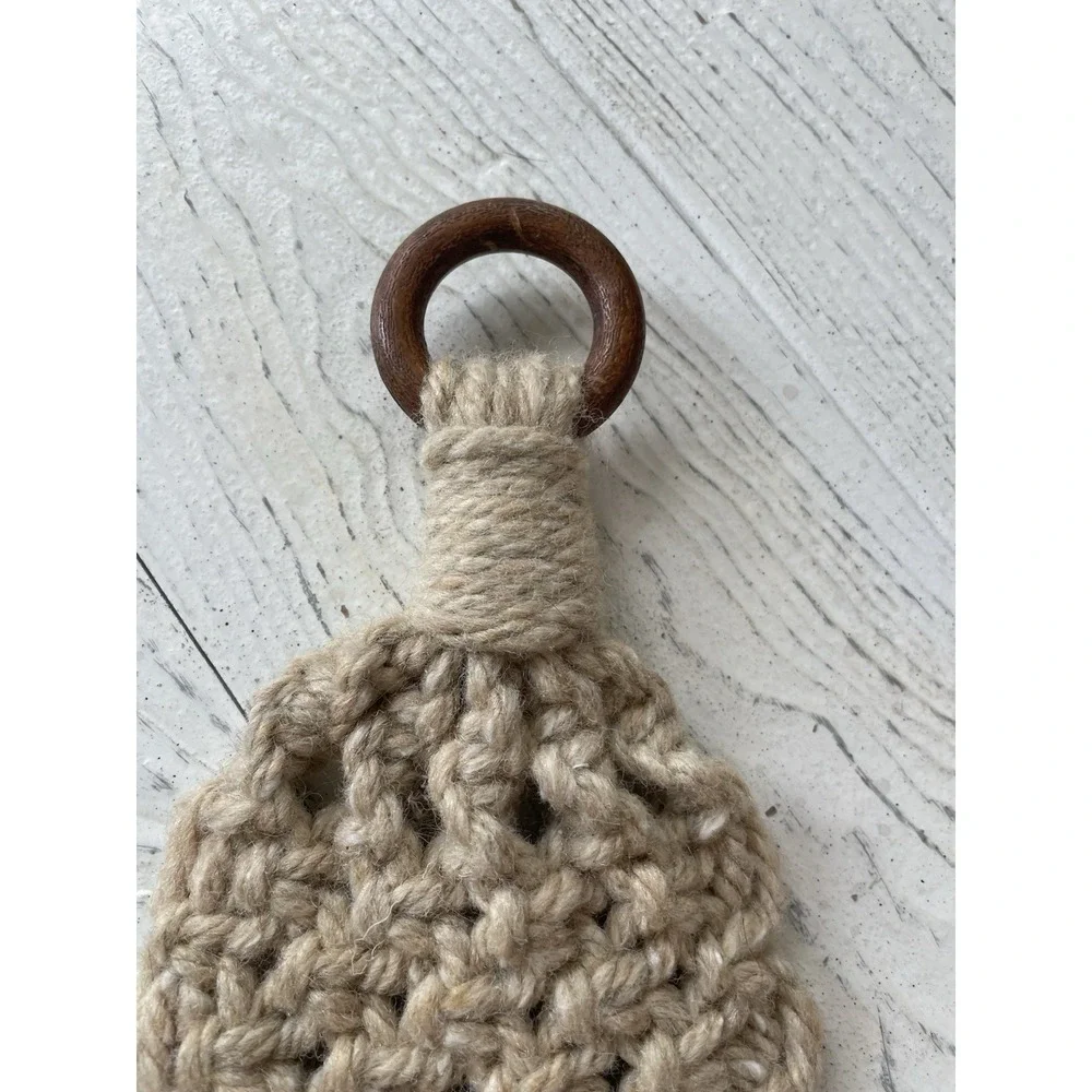 Vintage Retro MCM Beige Macrame Wall Hanging Hand Towel Ring Holder Wooden Beads